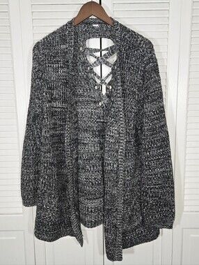 No Boundaries Open Front Gray Marled Long Cardigan Lace Up Back